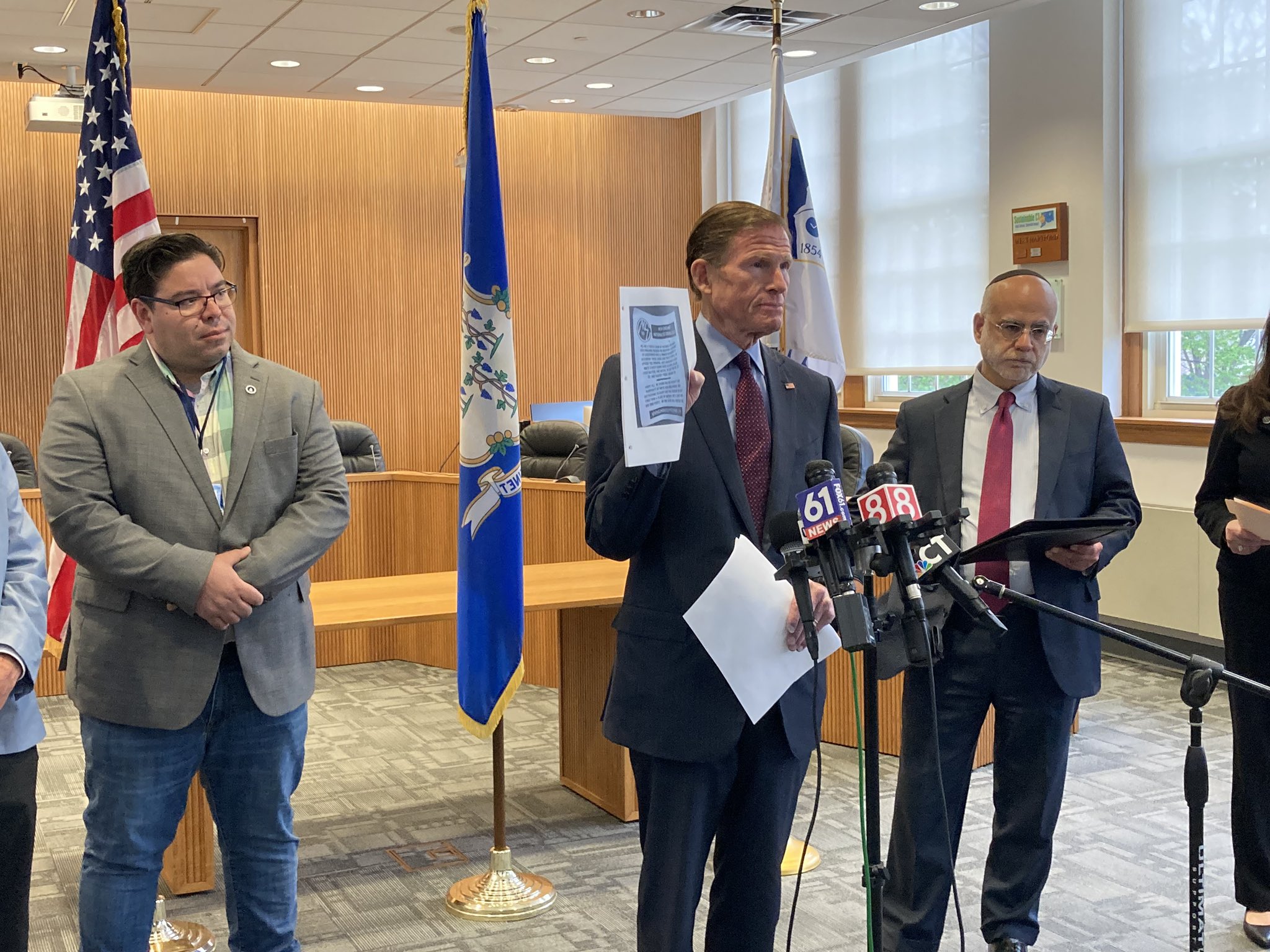 U.S. Senator Richard Blumenthal (D-CT) joined the Anti-Defamation League, the Jewish Federation of Greater Hartford, West Hartford Police, and local leaders in standing up to hate following a stunning report from the Anti-Defamation League that anti-Semitic incidents reached an all-time high in Connecticut last year, and recent news reports of hateful flyers being distributed across West Hartford by The New England Nationalist Social Club, a white supremacist group.
